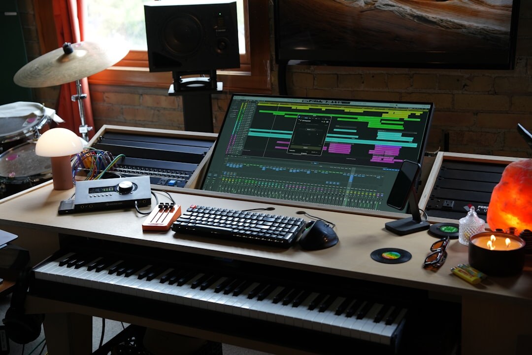 Home recording studio with mixing desk and acoustic panels