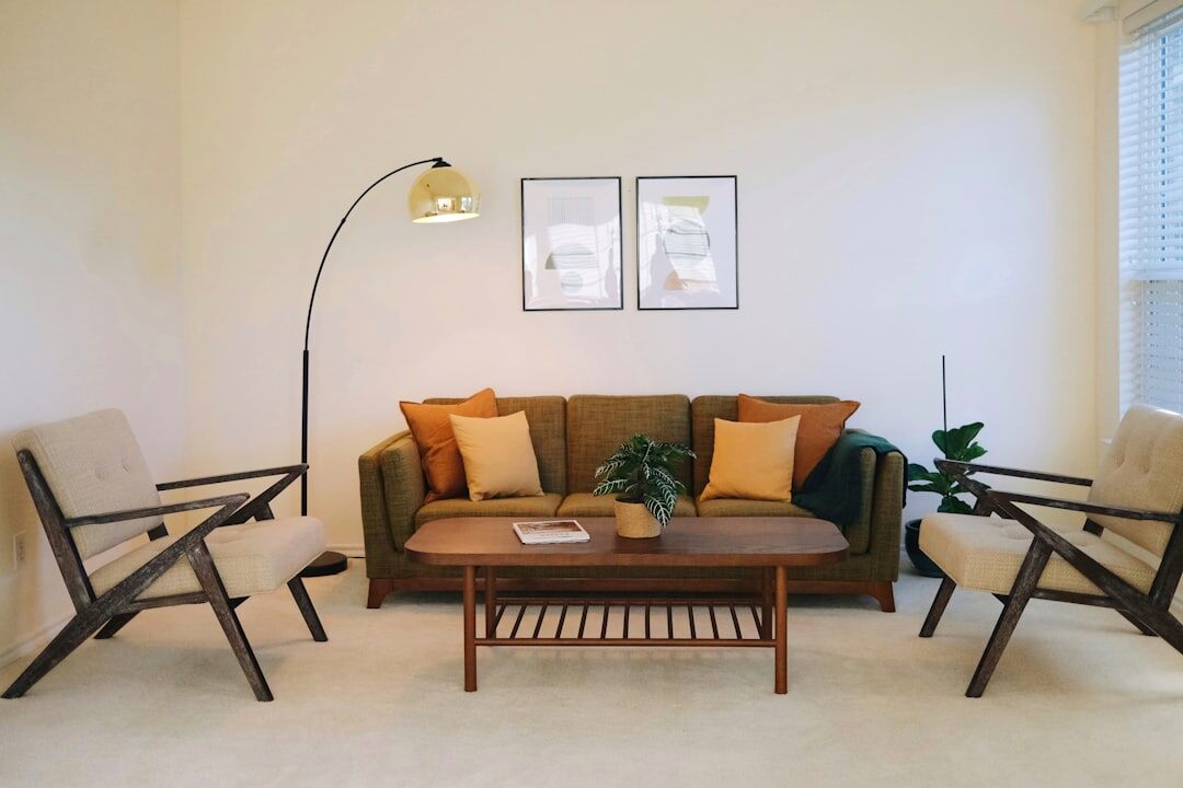Vintage 1980s living room with retro furniture and warm lighting